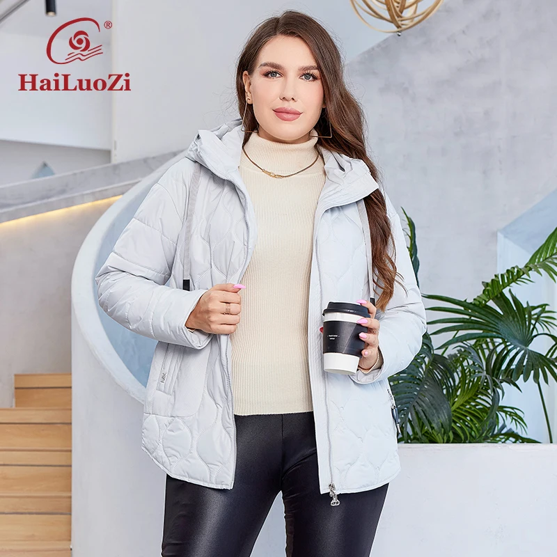 HaiLuoZi 2023 Plus Size Women\'s Jacket Short Classic Zipper New Winter Coat Thin Cotton Stylish Quilting Pocket Women Parka 3351