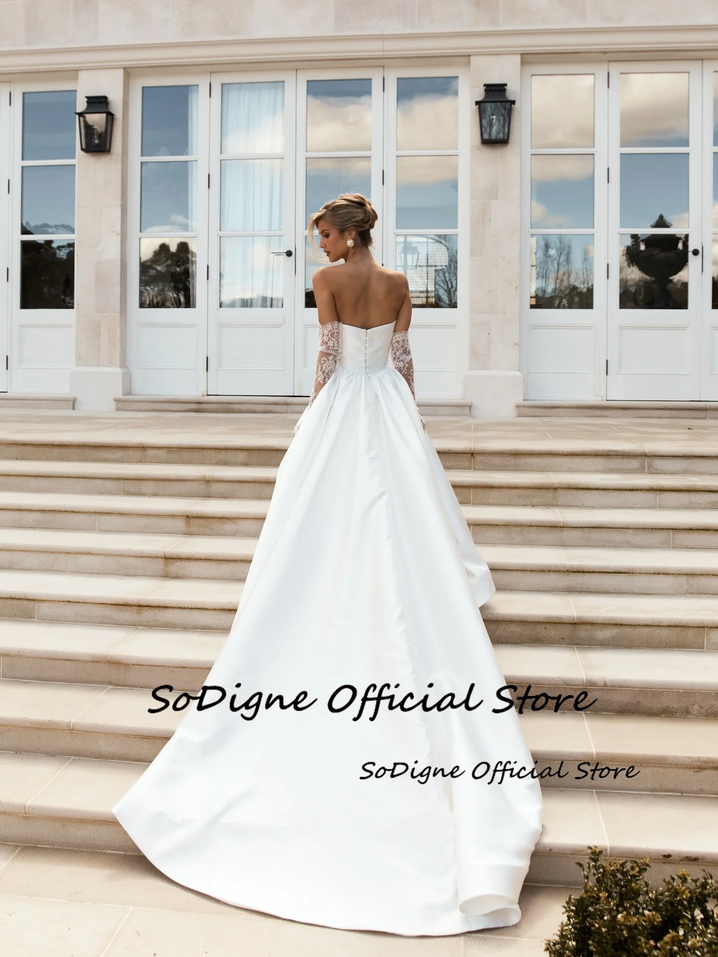 SoDigne A ラインサテンのウェディングドレスストラップレスノースリーブスプリット花嫁ドレス 2026 ブライダルガウンvestidos de noviaカスタマイズ