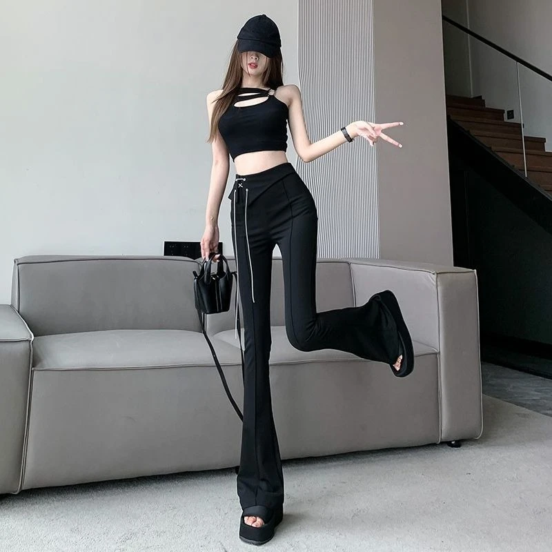 

Women's High Waist Slim Fit Flare Pants Spring Summer Black Suit Trousers With Chain Detail Casual Wide Leg Office Wear