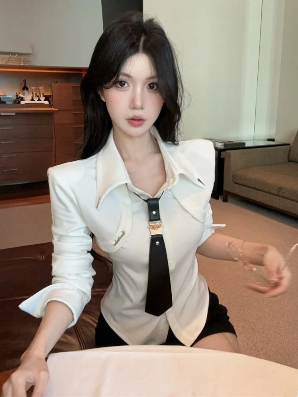 

Ele Collar Splice irt Women Design Sense with Tie Top Fake Two-Piece Open Cardigan irt Early Spring New Sle