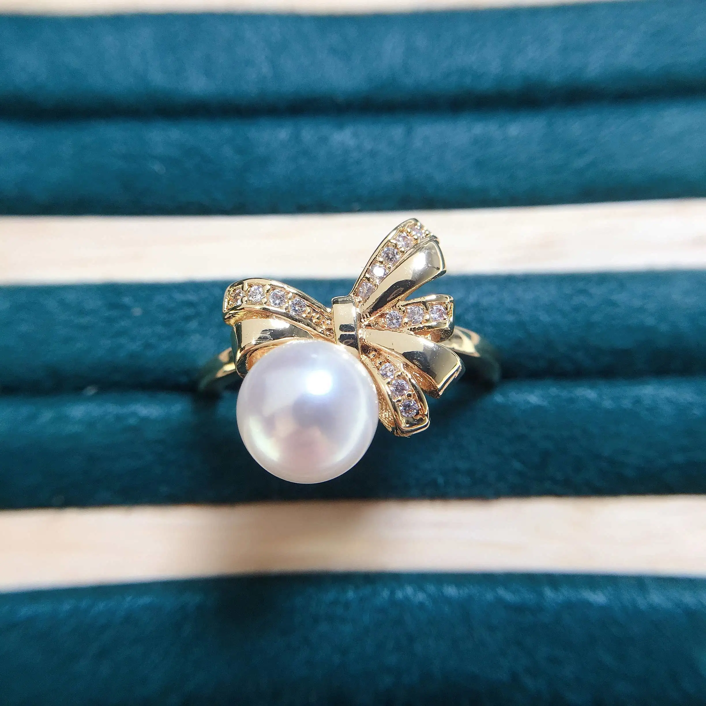 ZHBORUINI Hot Sale 100% Real Natural Pearl Ring New Ins Exquisite 14K Gold Gild Sweet Bow Ring For Woman Fine Jewelry Gift