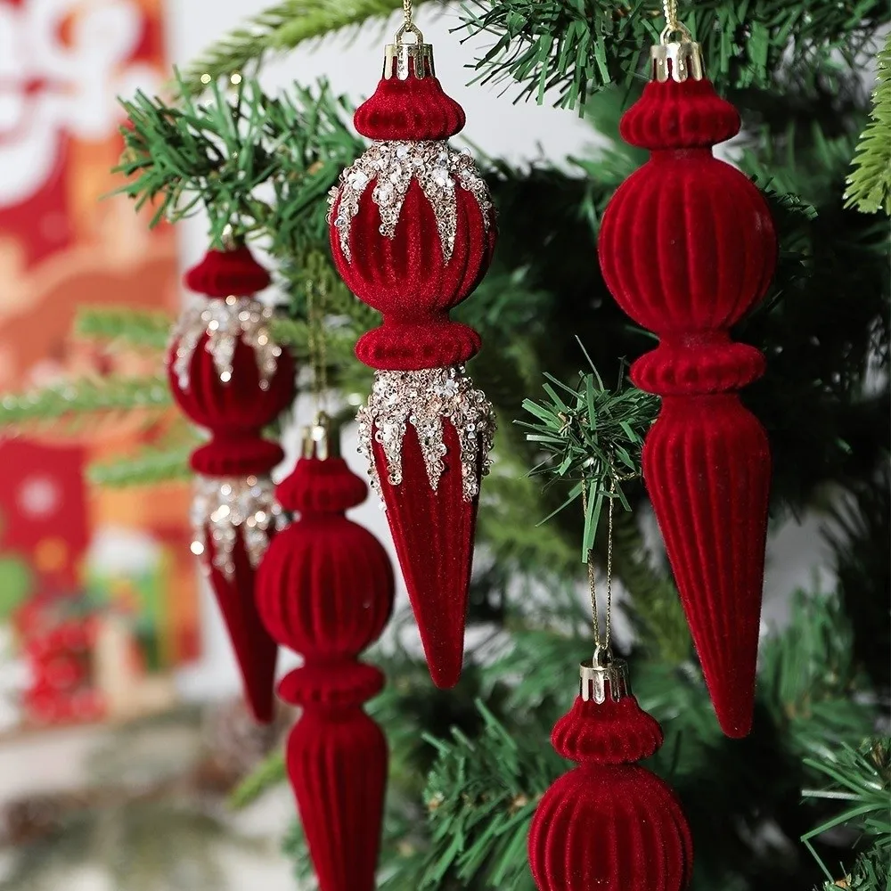 Flocked Christmas Tree Flocking Pendant Kit Glitter Red Christmas Flocked Balls Set Sparkling Plastic Christmas Tree Ornaments 2