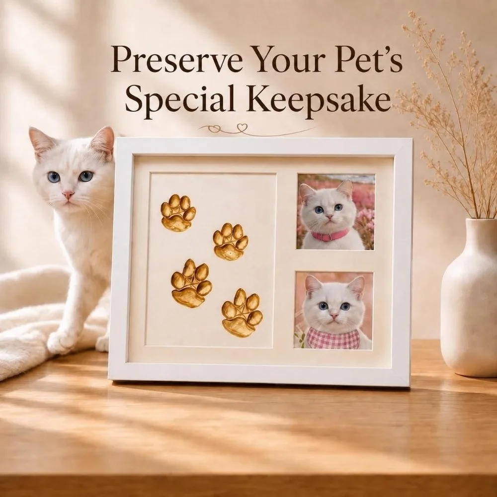 1 Set DIY Pet Paw Print Kit Frame Wooden Frame Air Dry Clay Cat Paw Print Frame Non Toxic Clay Desktop Stand Dog Paw Print Frame