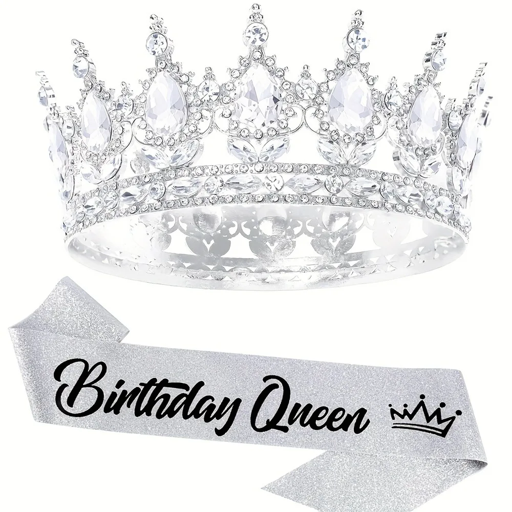 Glitzernde Strass-Geburtstagsparty-Set Tiara Krone Königin-Schärpe Frauen Mädchen Happy Birthday Haaraccessoires Abschlussball-Geschenke Dekorationen – Detail 7