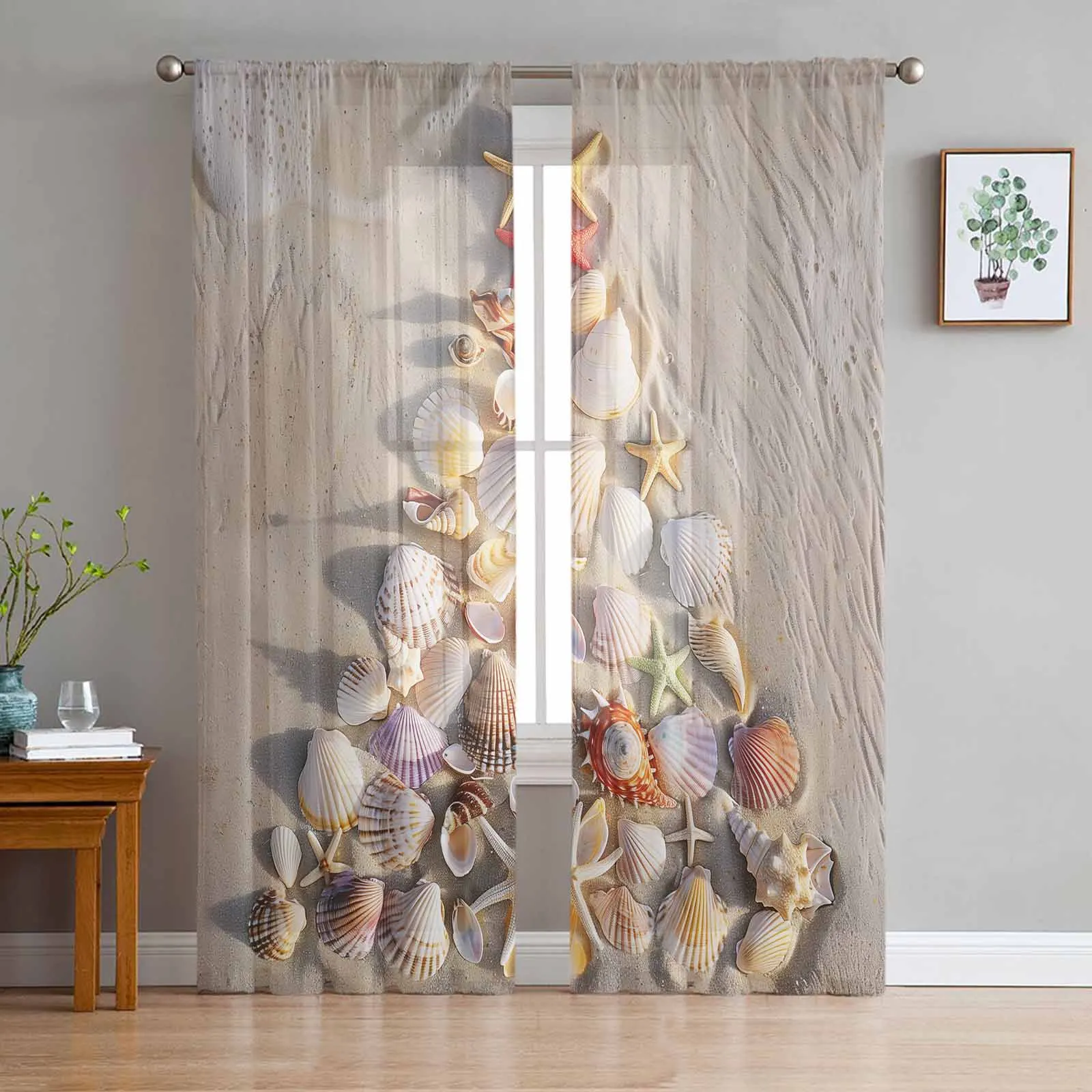 Christmas Tree Beach Shell Sea Star Conch Window Treatment Tulle Modern Sheer Curtains for Kitchen Living Room Curtains Decor