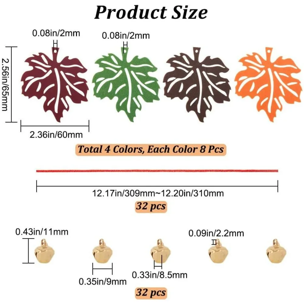 32Pcs 4 Colors Felt Maple Leaf Ornaments Thanksgiving Decorations Hanging Fall Leaves Pendants with 36Pcs Bell and Rope for