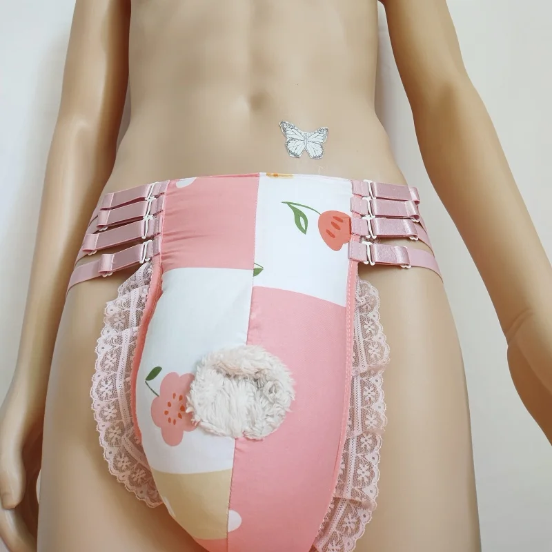 

Sexy Men Floral Briefs Four Waist Belts Built-in Sheath Filled Cotton Thick Puffy Lace Panties Hygiene Thong Handmade BF Costume