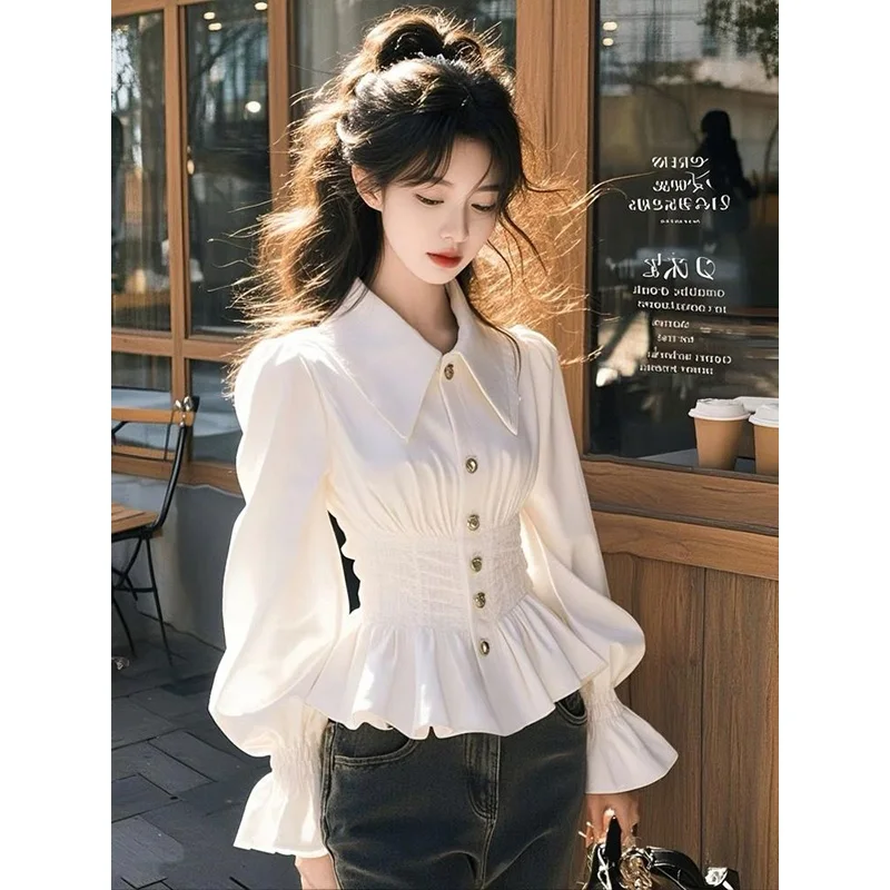 Office Lady Spring Elegant Slim Solid Sunscreen Flare Sleeve Shirt Women Turn-down Collar Vintage Long Sleeve Tops