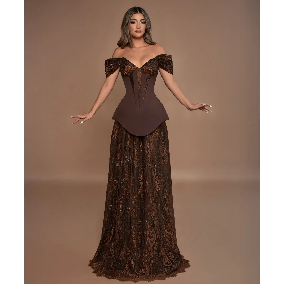 فساتين سهرة بنية براقة للنساء قبالة الكتف من الدانتيل فستان طويل للحفلات الراقصة فستان رسمي لحفلات الزفاف مطوي فيستدوس مخصص