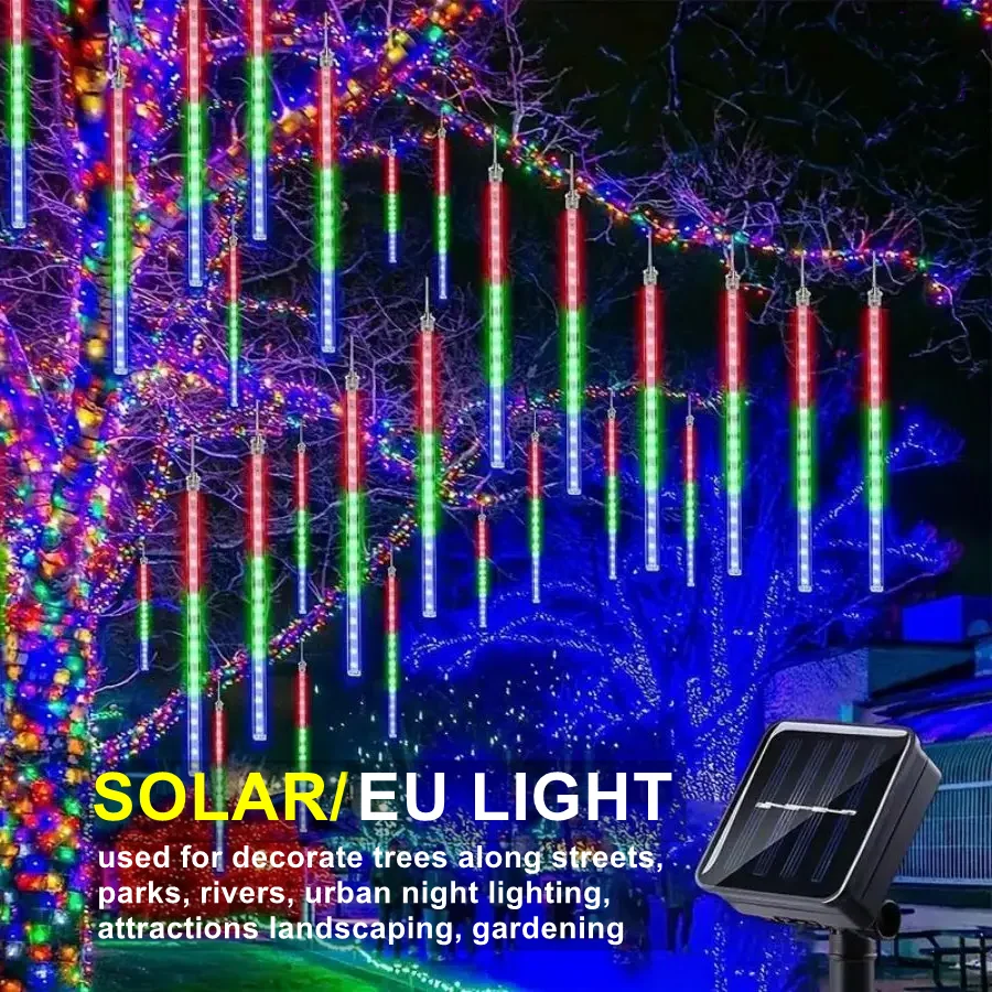 Solar/EU 8 Tubes LED Meteor Shower Rain Lights Waterproof Falling Raindrop Fairy String Light Holiday Party Patio Decor 30/50CM