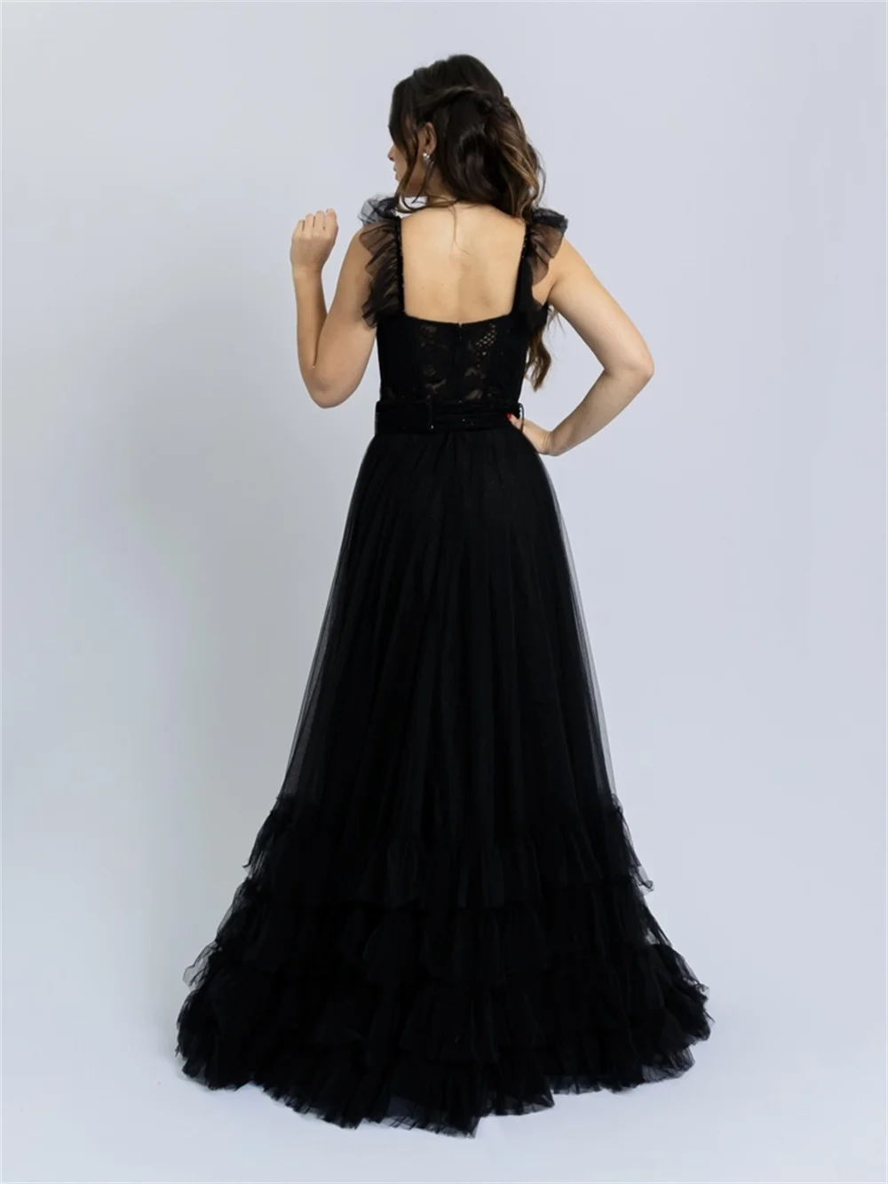 Jessica Lace Embroidery Prom Dresses Handmade Tulle Black Special Occasion Evening Dresses Strapless Elegant Party Dress