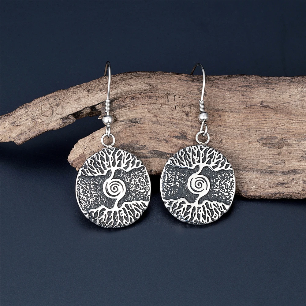 Norse Mythology Tree of Life Earrings Women Stainless Steel Viking Rune Amulet Yggdrasil Ear Pendant Scandinavian Female Jewelry