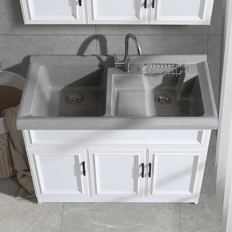 Balcony Laundry Cabinet Space Aluminum Double Basin Laundry Basin Laundry Sink with Rub Board Laundry Pool Bathroom Cabinet