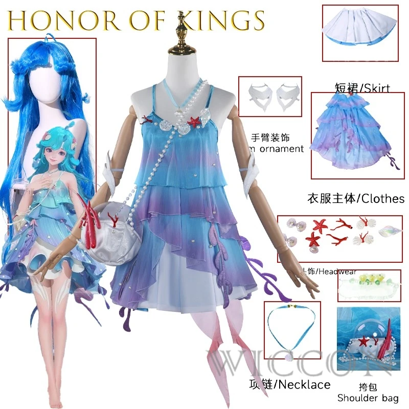 Disfraz de Honor Of Kings Doria, conjunto de vestido de sirena de Anime con tocado, falda para mujer, traje de personaje del juego