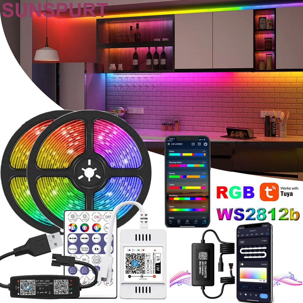 Tuya-Bluetooth付きLEDストリップライト,ws2812b ws2811,再利用可能なストリップライト,音楽,RGB,マイク付きピクセルコントローラー,ws2812,DC5-24V