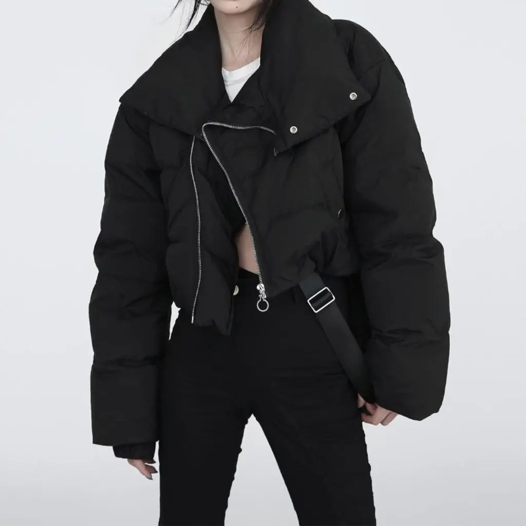 

Women's Winter Cotton Outwear Korean Style Fashionable Long-Sleeved Short Jacket with Diagonal Zipper High Collar Windproof
