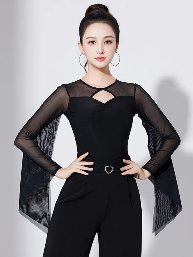 메쉬 패치워크 플레어 슬리브 슬림 롬퍼 – 공연 및 대회를 위한 우아한 모던 댄스 무대 의상 Waltz Adult Top