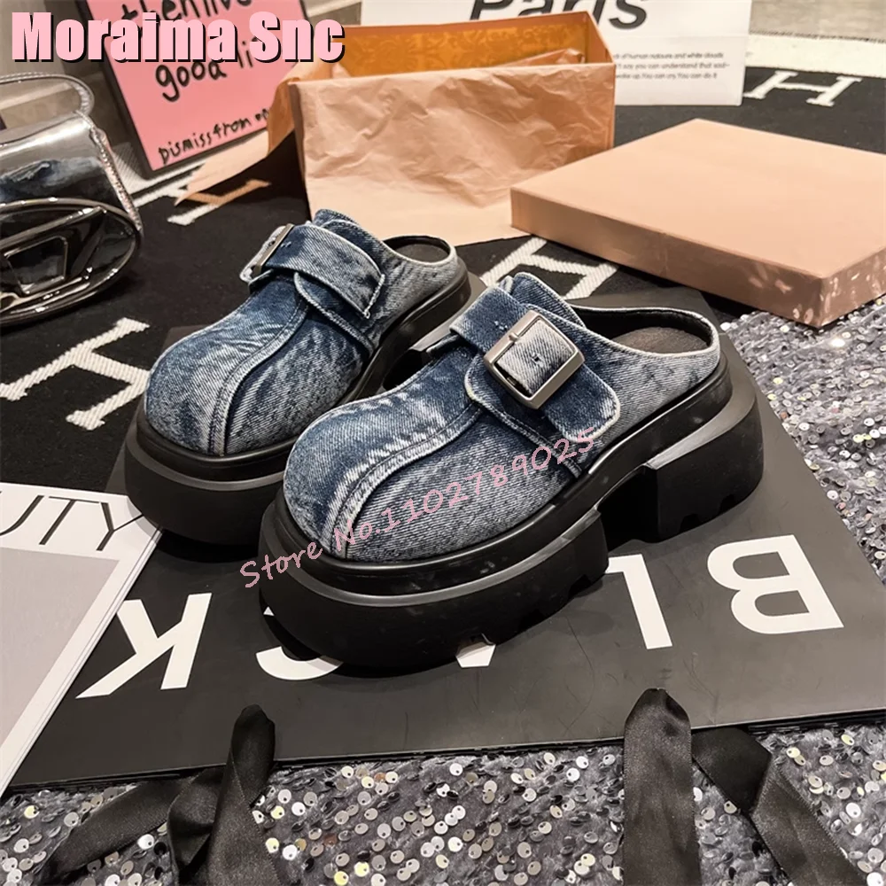 Denim Belt Buckle Round Toe Slippers Thick Sole Block Chunky Heel Fashion Retro Women‘s Slides Shoes Summer Outdoor Casual 2024’