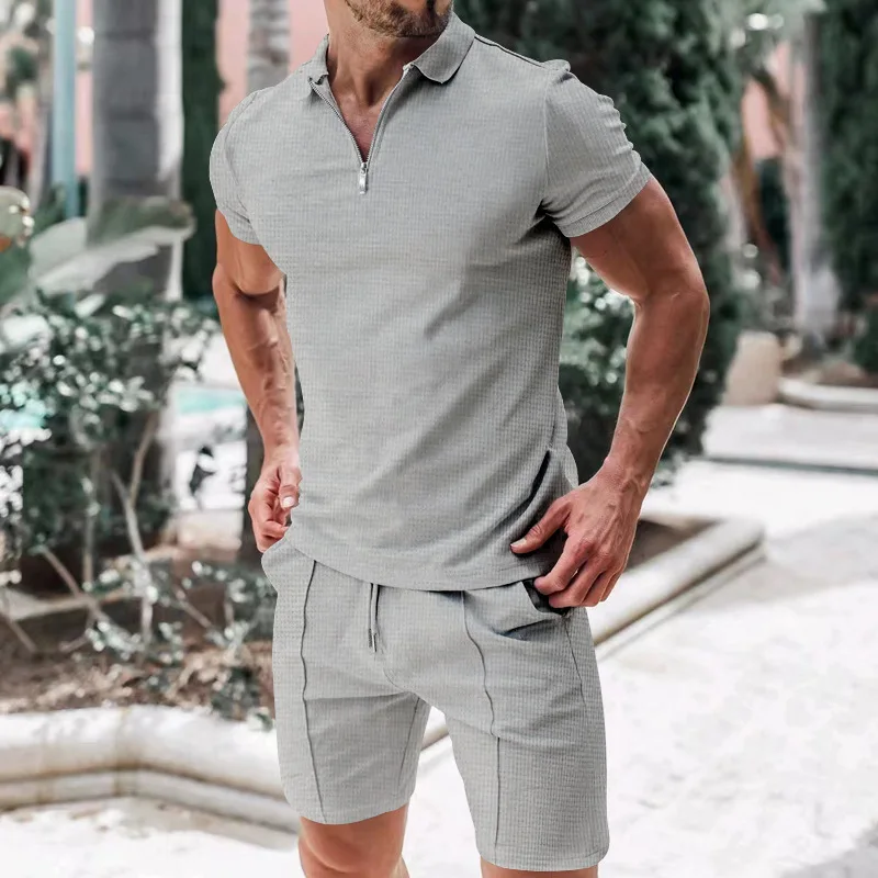 2024 Men New European and American Cross border Trend Men's Casual Loose Daily Shopping Summer Set Flip Collar T-shirt Set