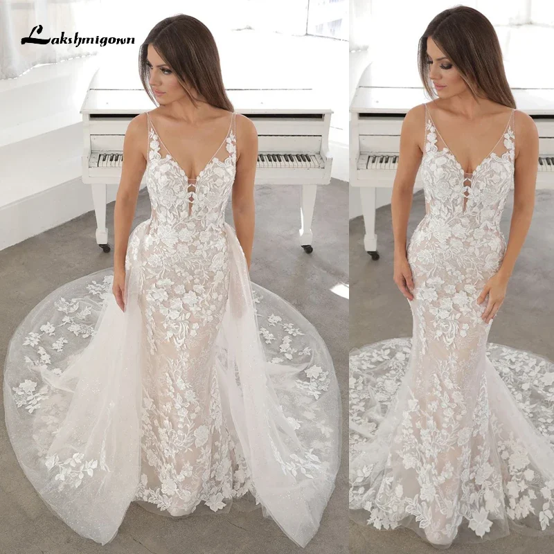 

Exquisite V-neck Spaghetti Straps Backless Button Lace Appliques A-Line Mermaid Wedding Dress Tulle Bridal Gown Sweep vestidosCu