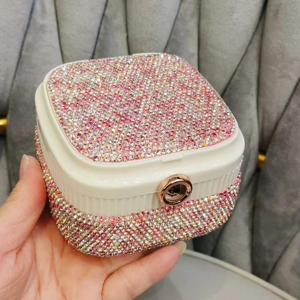 Portable Jewelry Storage Box with Rhinestones for Women Stud Earrings Necklace Ring Lipstick Beauty Organizer Case 2 Layer