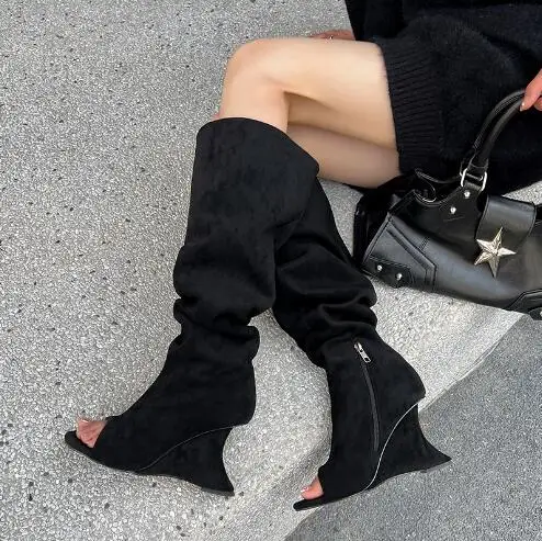 

Drop Shipping Women Black Apricot Solid Suede Peep Toe Wedges Heel Less Knee Loose Big Calf Knee High Peep Toe Boots Long Botas