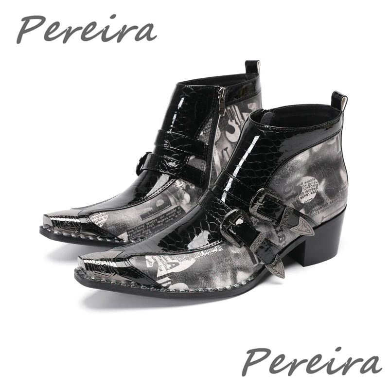 

Men's Patchwork Belt Buckle Zipper Short Boots Genuine Leather Metal Pointy Toe Chelsea Boots British Style Party Banquet Shoes