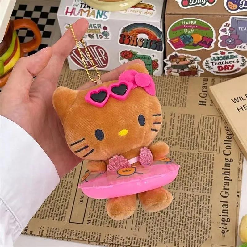 Nuevo Sanrio Anime dibujos animados Hello Kitty llavero de felpa juguetes para niños anillo de natación marrón colgante bolsa colgante muñecas encantadoras juguete regalo para niños