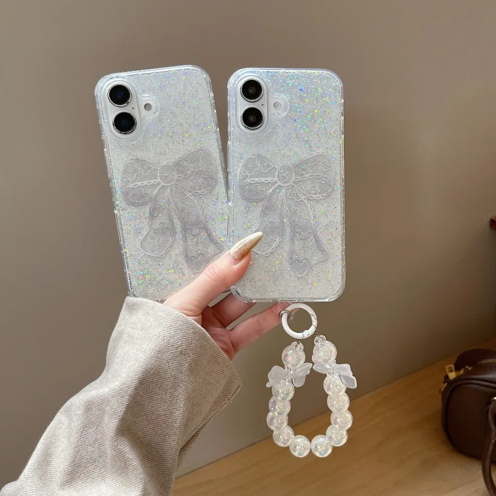 

Чехол для iPhone 16 15 14 13 Pro Max, новый корейский дизайн INS, белый с блестками, кружевным бантом и принтом, защитный чехол с ремешком, устойчивый к падениям.
