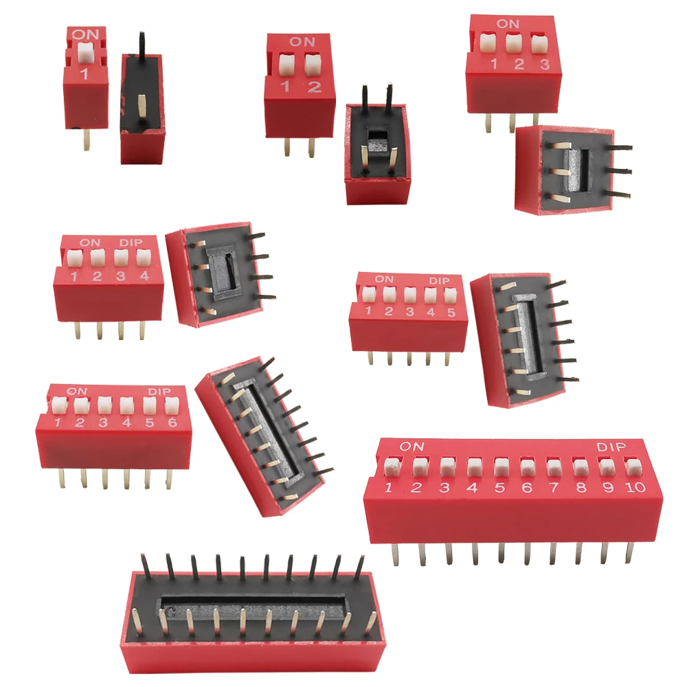 10 Stuks Slide Type DIP-schakelaar Module 1/2/3/4/5/6/8/10Pin Positie Manier 2.54mm Toonhoogte Rode Tuimelschakelaar Blauw Snap Schakelaar Draaischakelaar