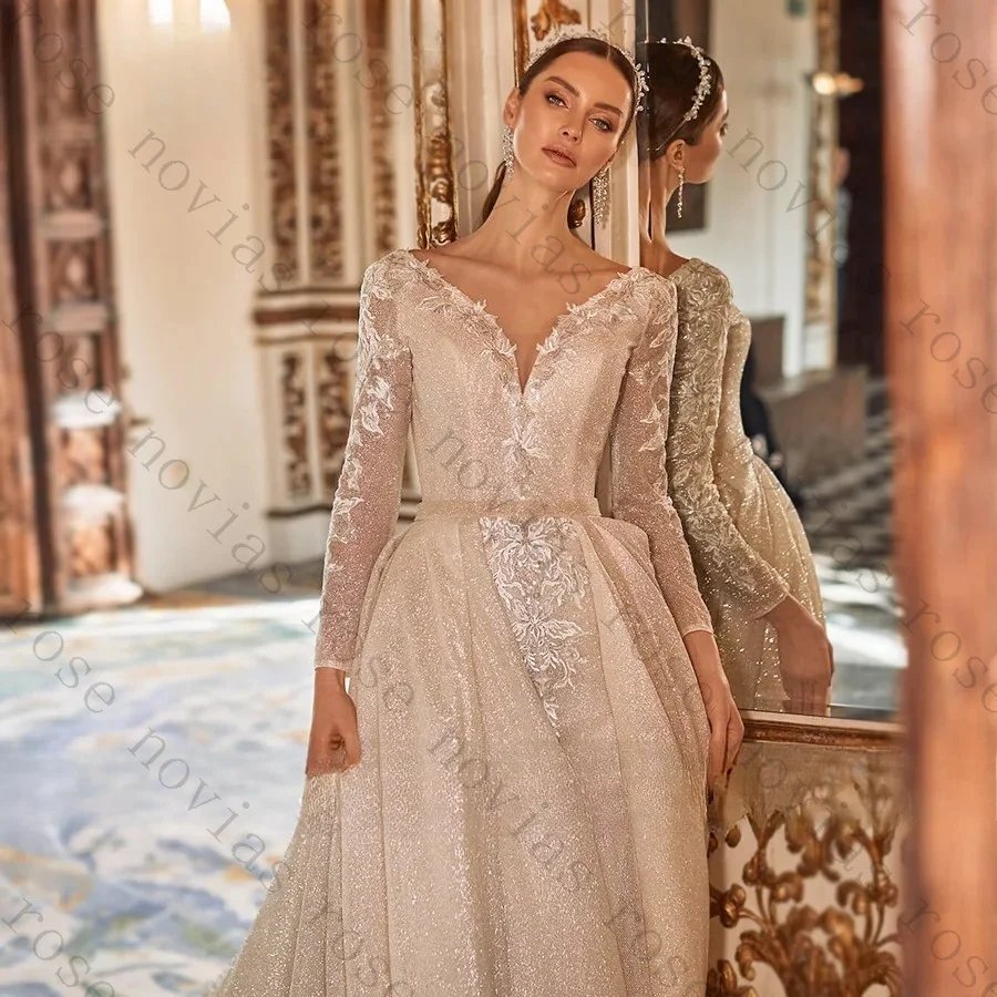 Customized Lace Wedding Dress Full Sleeve V Neck A Line Detachable Overskirt Royal Bridal Gown Luxury Vestidos De Novia 2026