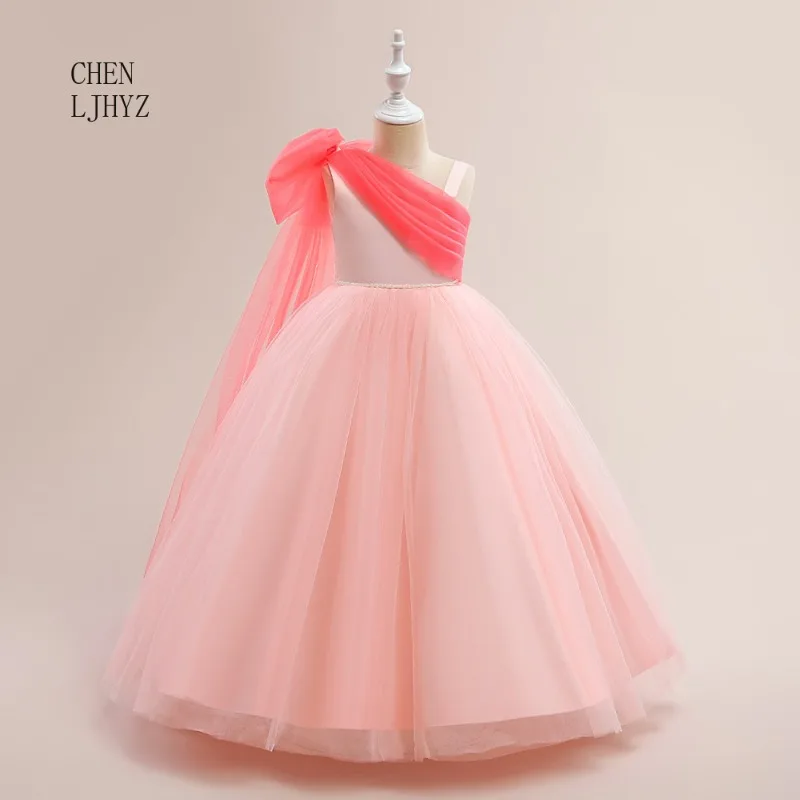 

Single shoulder suspender princess dress birthday piano dress, long evening dress, girls birthday party dress