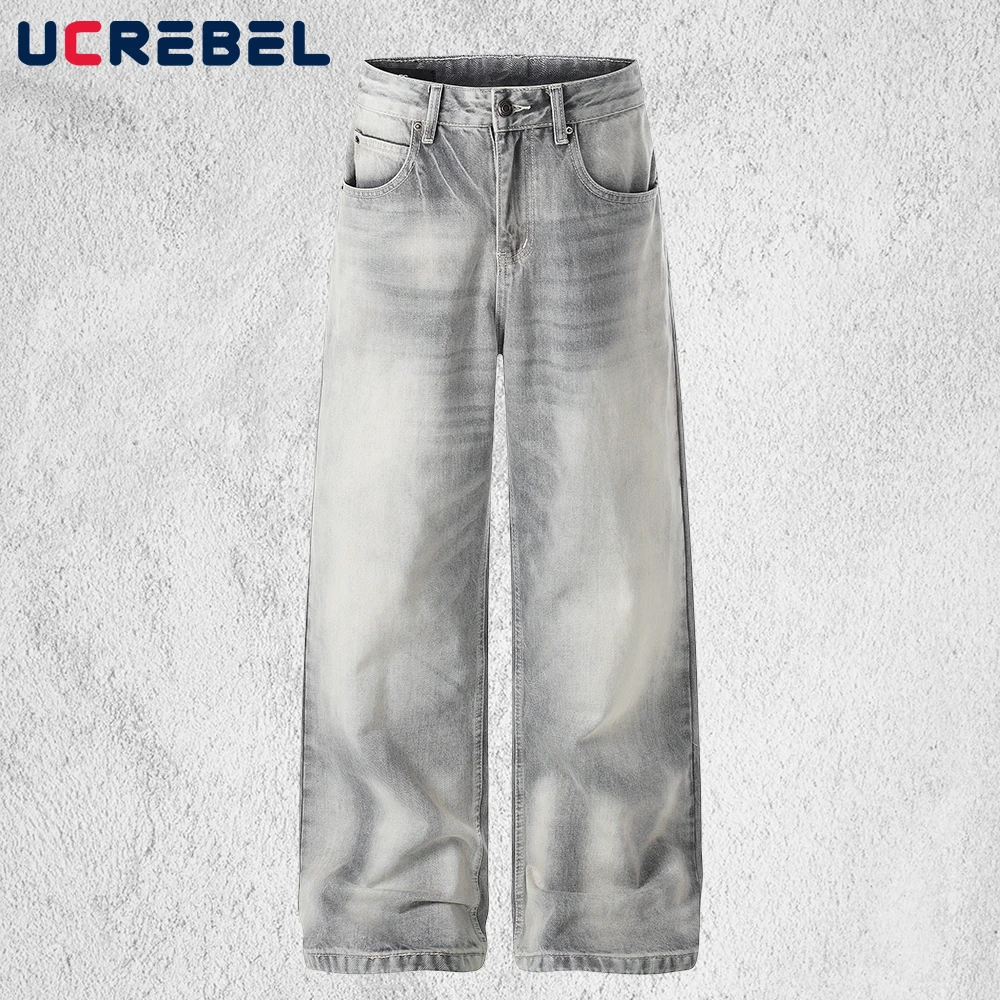 

Washed Distressed Jeans Mens Pocket Streetwear Retro Baggy Straight Wide Leg Denim Pants Man
