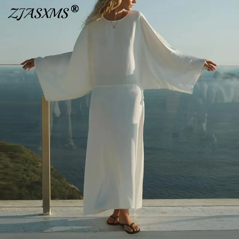 Sukienki damskie eleganckie z okrągłym dekoltem satynowe długie sukienki wiosenne codzienne jednolite sznurowane sukienki na imprezę jesienne luźne sukienki maxi z długim rękawem