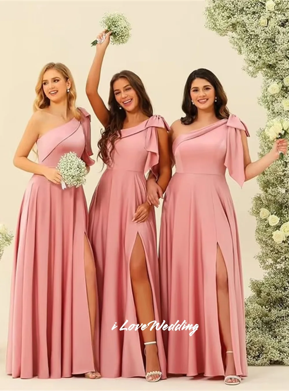 فساتين وصيفة العروس بفيونكة وردية بكتف واحد 2025 شيفون بدون أكمام مطوي على شكل حرف a سبليت بطول الأرض فستان حفلات الزفاف حسب الطلب