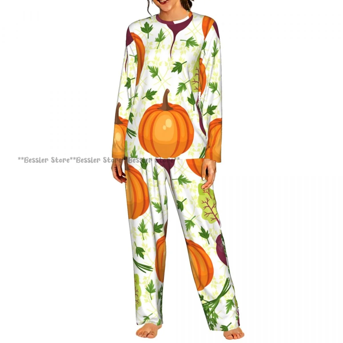 Women Round Neck Pajamas Set Vegetables Beet Pumpkin Illustration Long Sleeve Tops + Long Pants