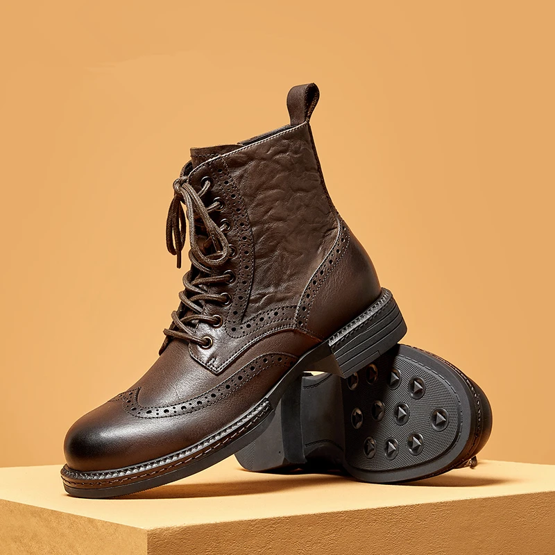 Soft Genuine Leather Carving Ankle Short Boots Men\'s Spring Autumn Lace Up Brogue Shoes Cool Man