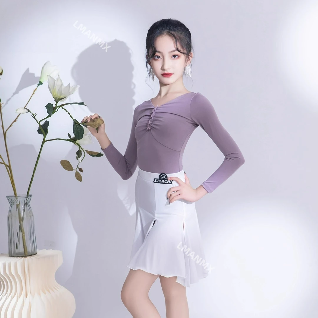 2025 Primavera/Novedad de verano vestido de baile latino vestido de práctica para niñas conjunto dividido de manga larga vestido de baile de gama alta