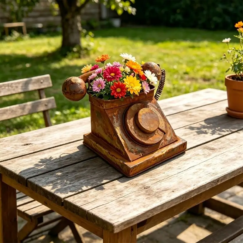 Iron Telephone Flower Pot with Open Frame, Drainage Hole, and Old-Fashioned Phone Features for Succulents and Foliage in 87HA