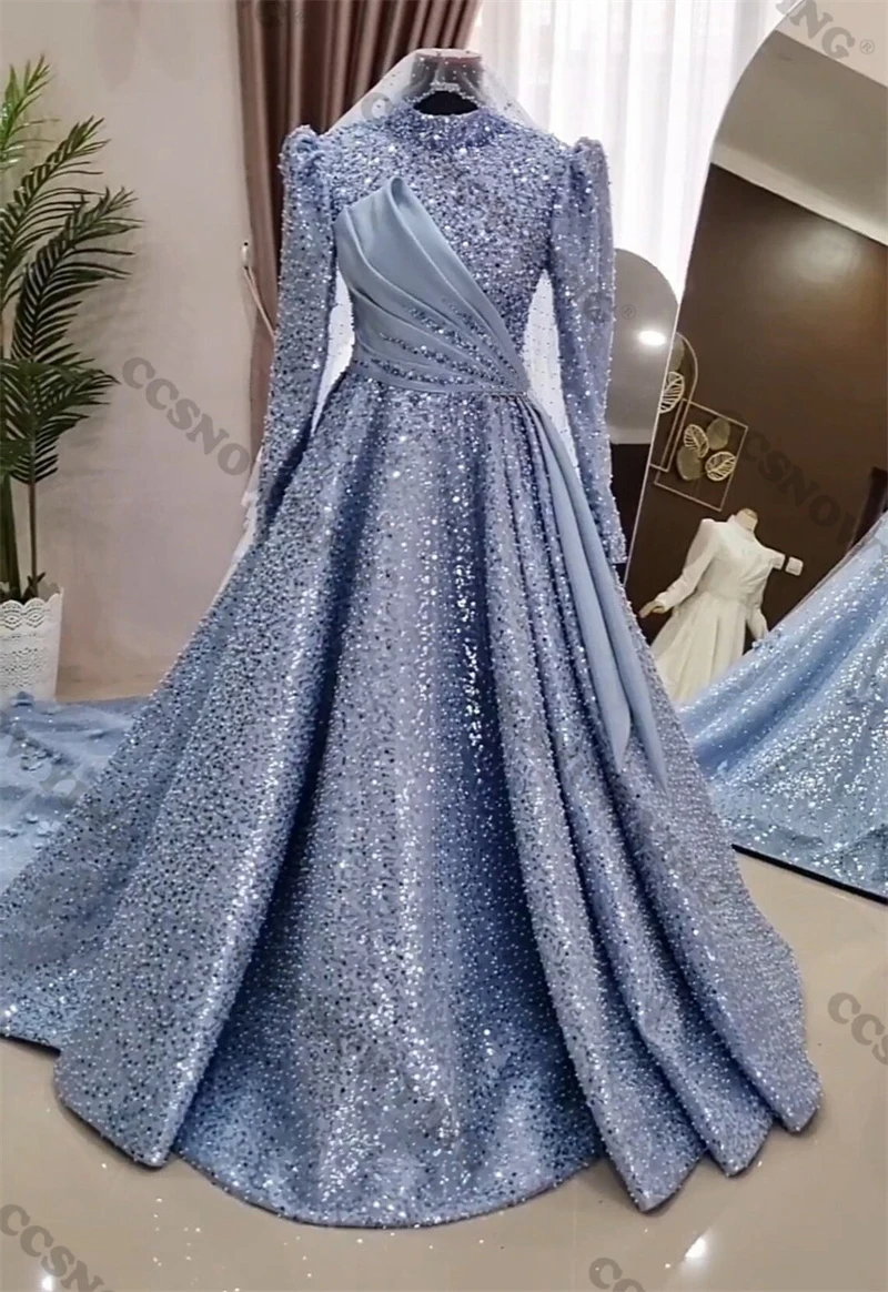 Sparkly Sequin Appliques Muslim Evening Dresses Long Sleeve Hijab Islamic Women Formal Party Gowns Arabic Dubai Robes De Soirée