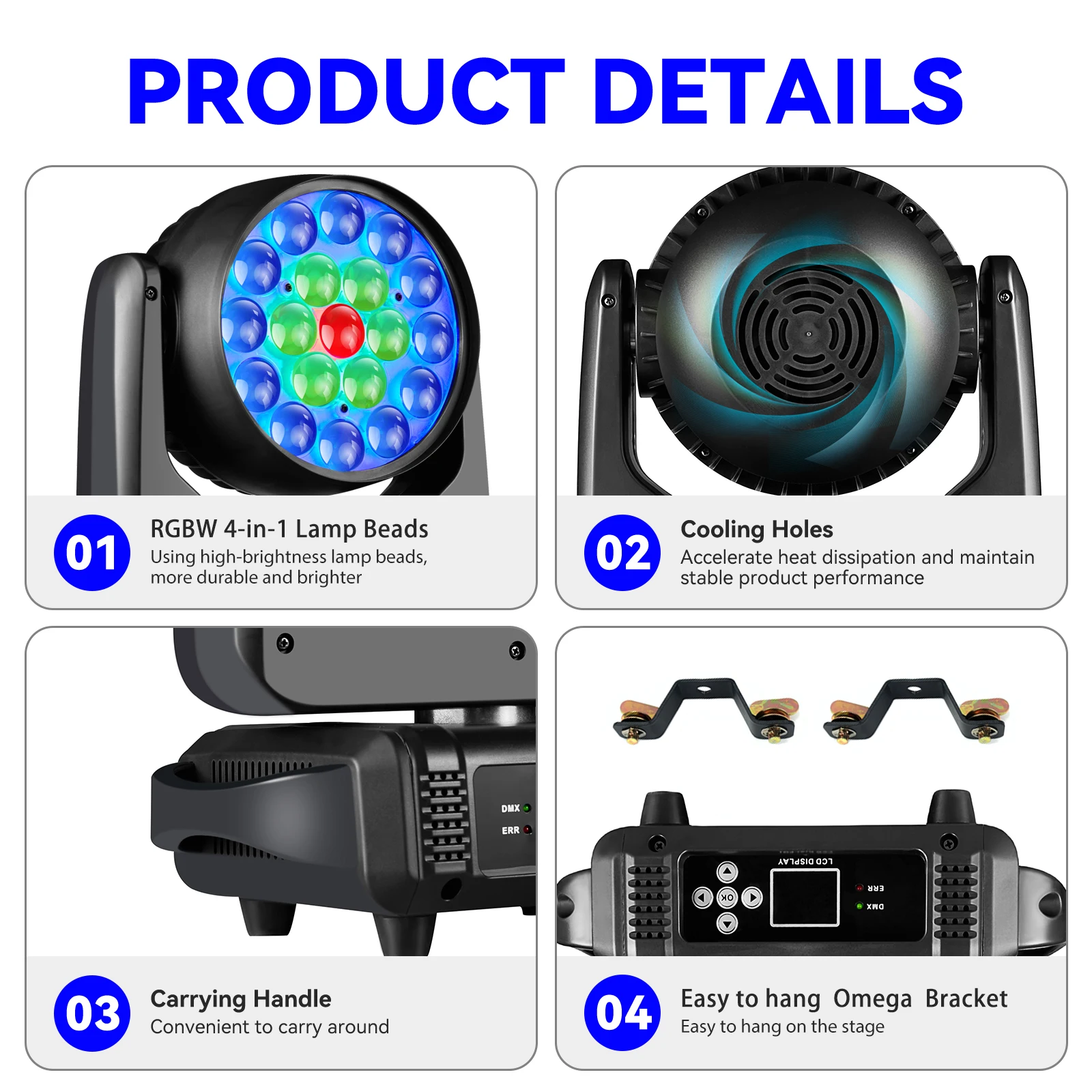 2PCS 19X15W LED Beam Moving Head Stage Light with DMX512 Control Mobile Wash Zoom Function for Events DJ Party Concert KTV
