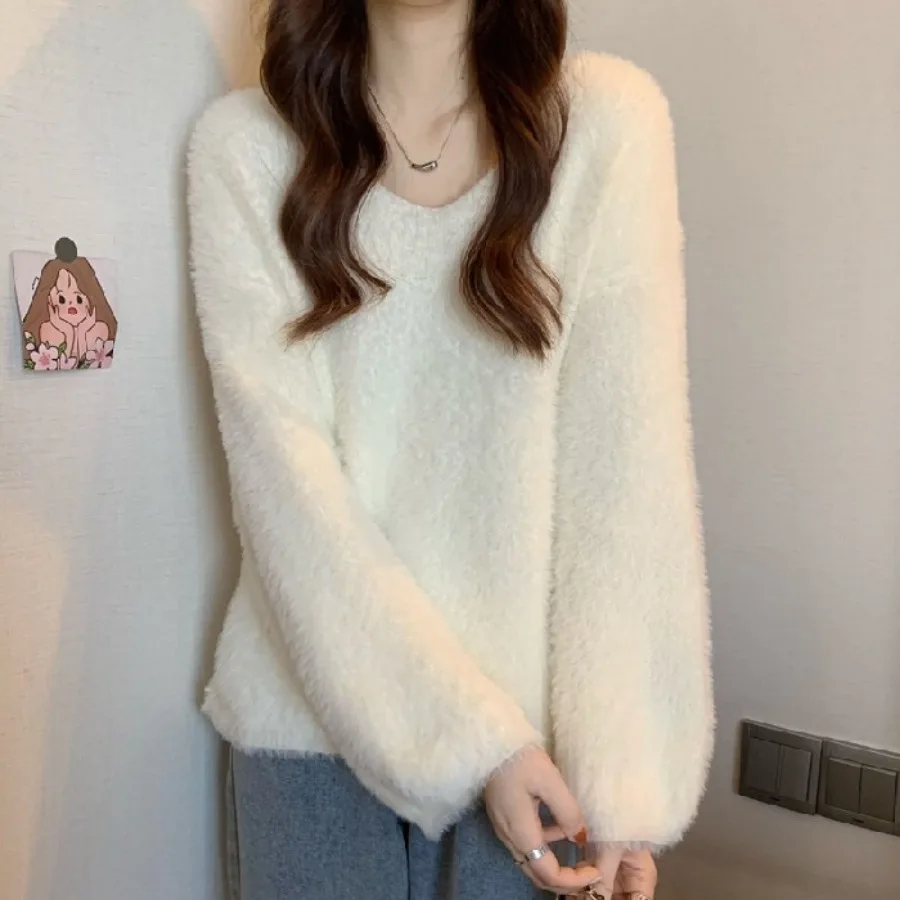 Knitted Sweater Korean Fashion Women Preppy Mink Hair Pullover Autumn Winter Casual Loose Sweet Top Long Sleeve Warmth Knitwear