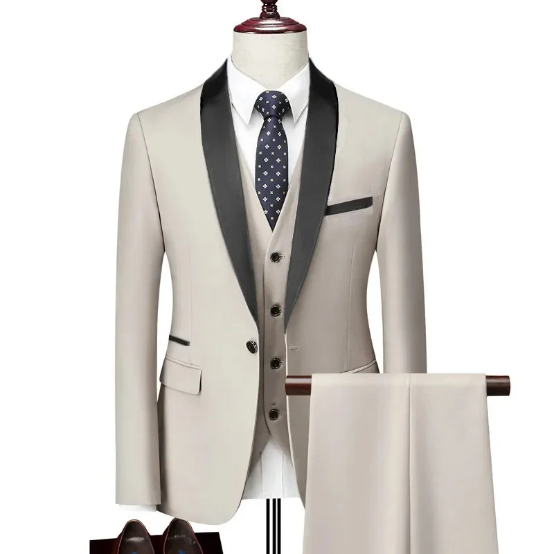 

Men Business Casual Wedding Party Three Pieces Jacket Trousers Waistcoat Set Male Blazer Coat Pants Vest Fashion Slim Fit Suits