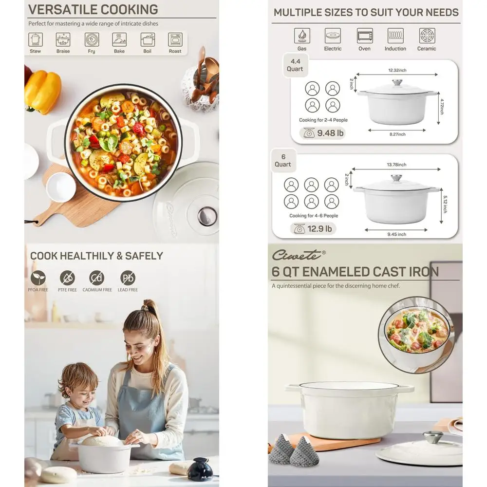 

Enameled Cast Iron Dutch Oven Pot with Lid - Bread Baking, Braiser, Cooking, Oven Safe up to 500°F, Dual Handles, Gifts for Fami