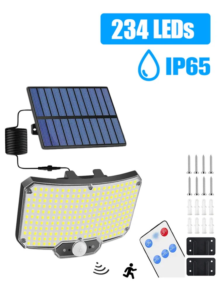 Projecteur solaire extérieur 126/184/234 LED 3 Modes de fonctionnement capteur de mouvement projecteur de sécurité mural IP65 étanche lampe de Garage de cour