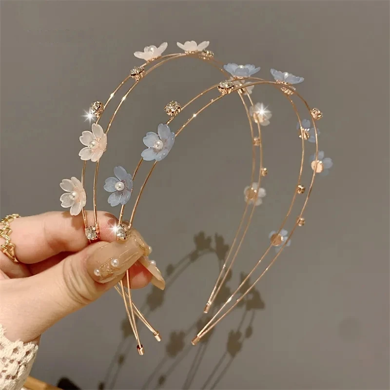 New Double Layer Metal Hairband Flower Pearl Headband for Women Headwear Shiny Rhinestone Hair Band Hoop Hair Accessories