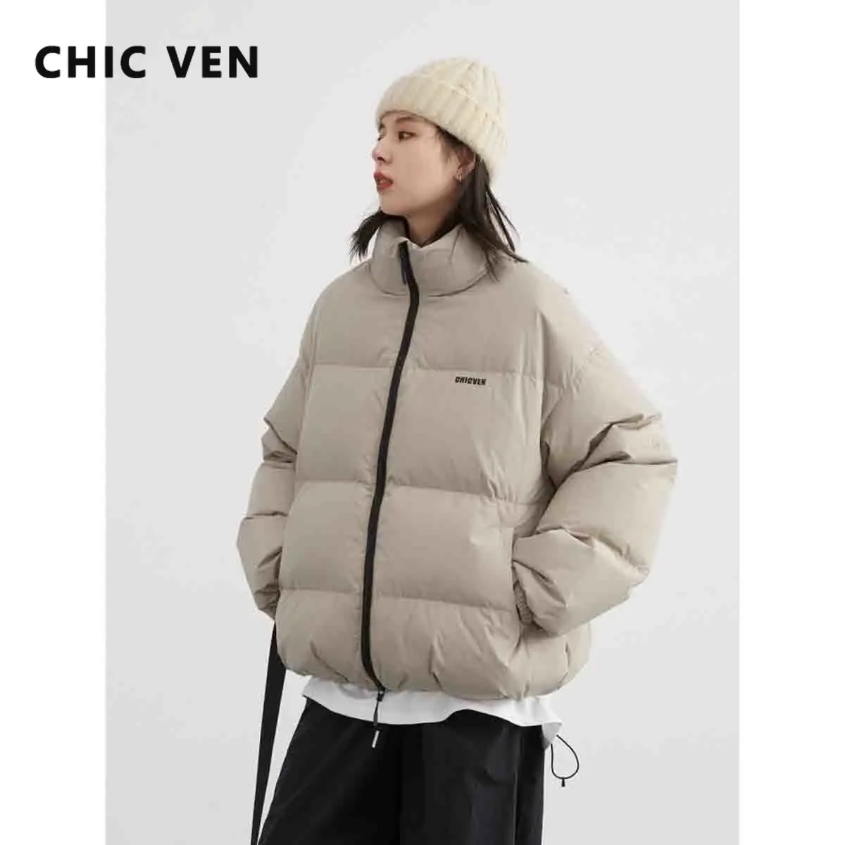 

CHIC VEN Women's Down Coats Casual Soild Loose 90 White Duck Down Warm Jacket Female Standing Collar Overcoat Autumn Winter 2024