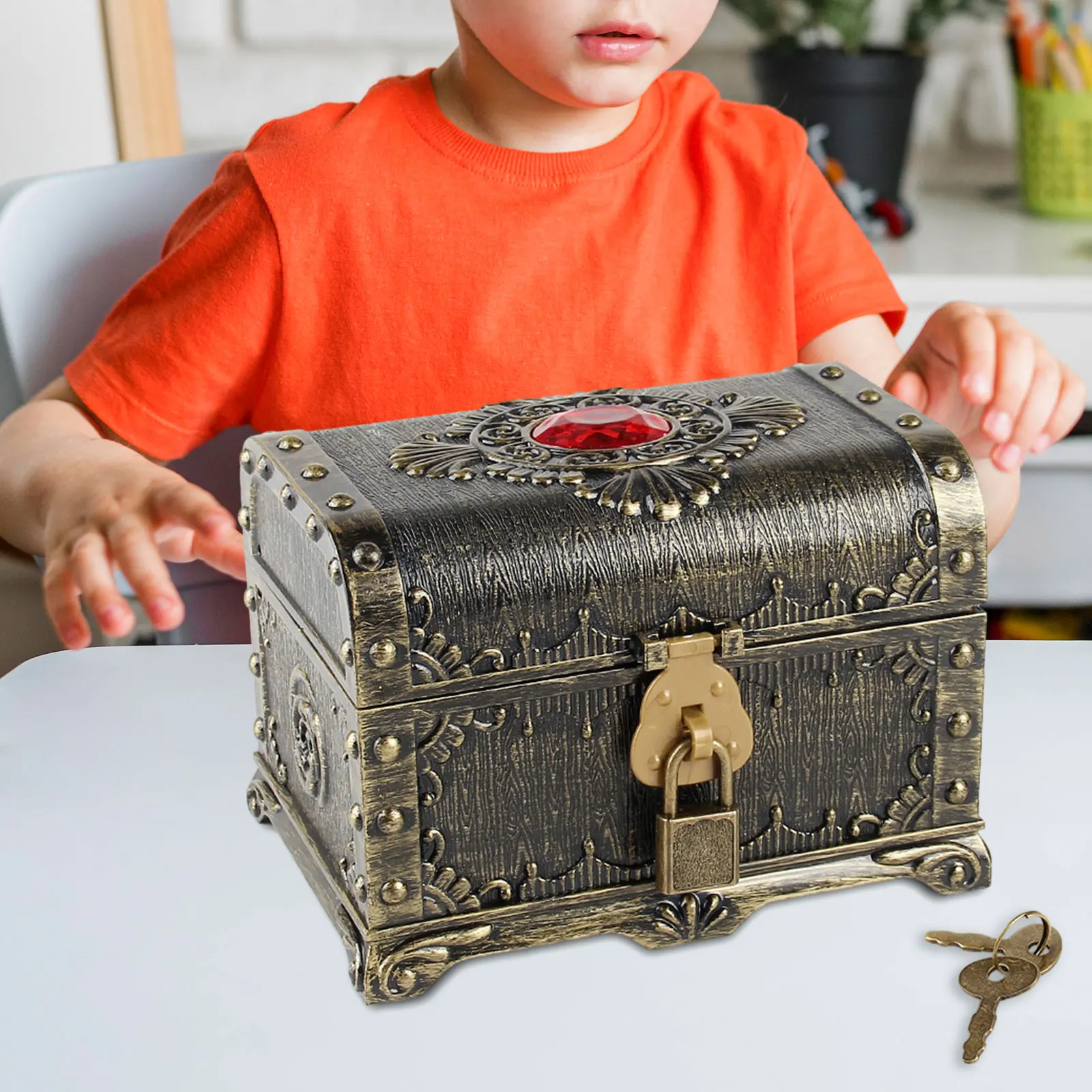 Pirate Treasure Chest with Lock Treasures Storage Box Piggy Bank Money Bank for Children Kids Toy Gift Decorative Vintage Box