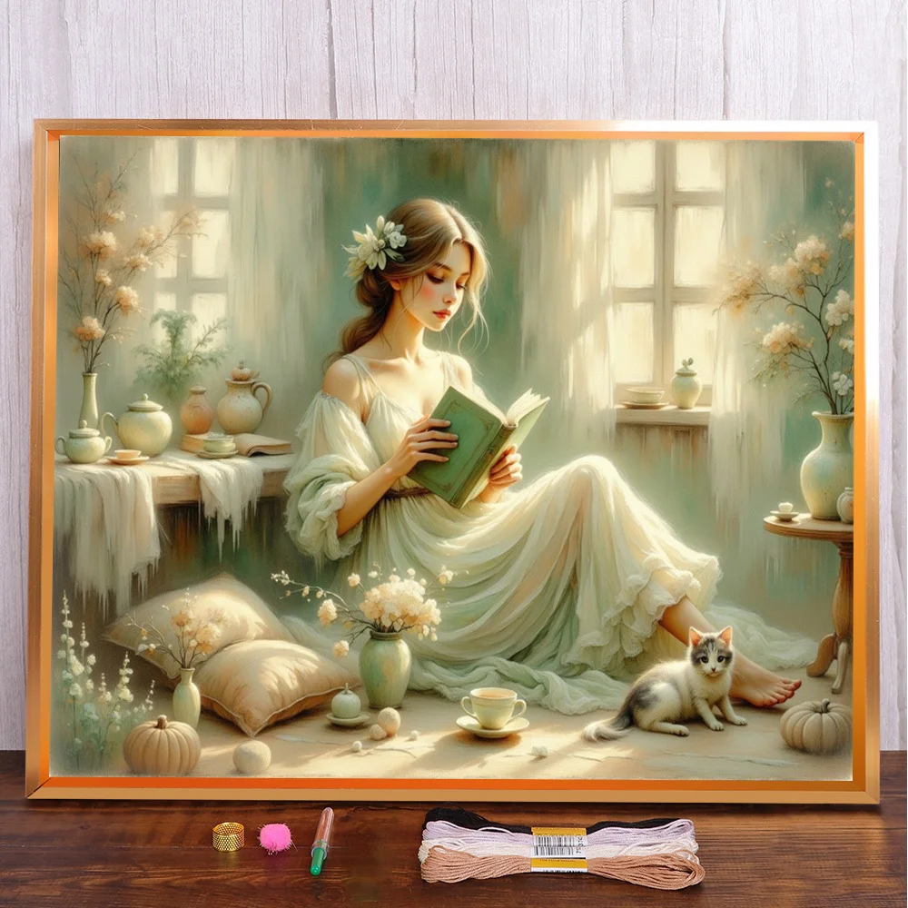 

Reading Girl Pre-Printed 11CT Cross-Stitch Embroidery Full Kit DMC Threads Sewing Hobby Knitting Painting Magic Package Needle