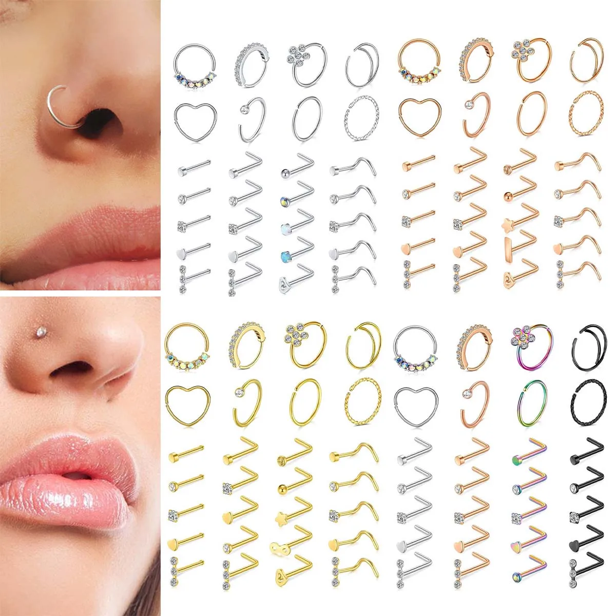 28Pcs/Set 20g Stainless Steel Nose Rings Hoop L Shape Nose Studs Nose Screw Bone  Rainbow Pack For Women Men